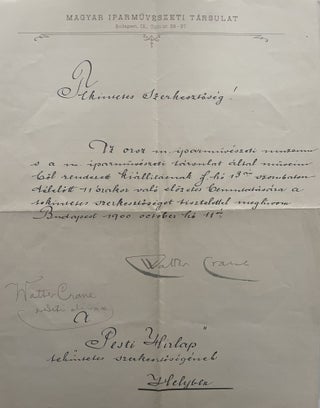 Item #2940 Invitation letter for Walter Crane exhibition in Budapest. Signed by Crane. Walter Crane