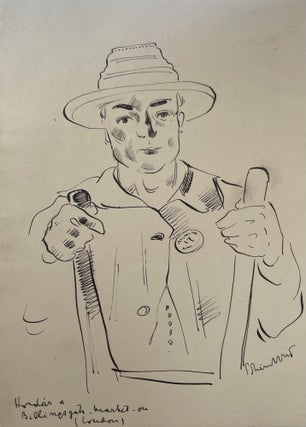 Item #2948 2 original drawing. Porter in Billingsgate Market (London) and. Figure on Hilltop....