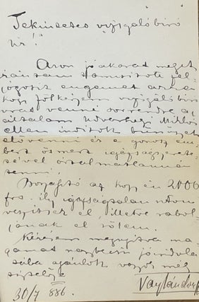 Item #2950 Letter to József Bary (the judge of the Tiszaeszlár affair). Sándor Vay