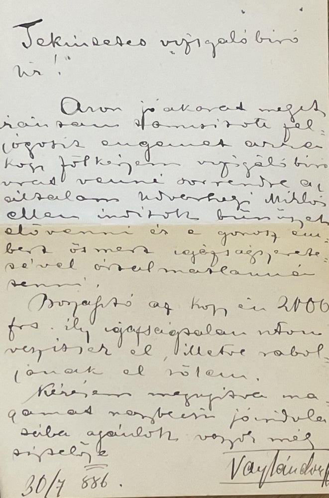 Item #2950 Letter to József Bary (the judge of the Tiszaeszlár affair). Sándor Vay.