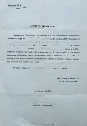 Item #2967 Exemption document for a Jewish person. Issued by Prime Minister Géza Lakatos....