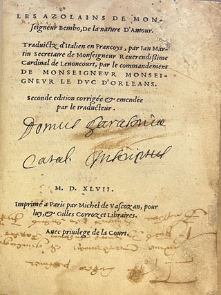 Item #3026 Les Azolains de Monseigneur Bembo, De la nature D’Amour. Traduictz d’Italien en...