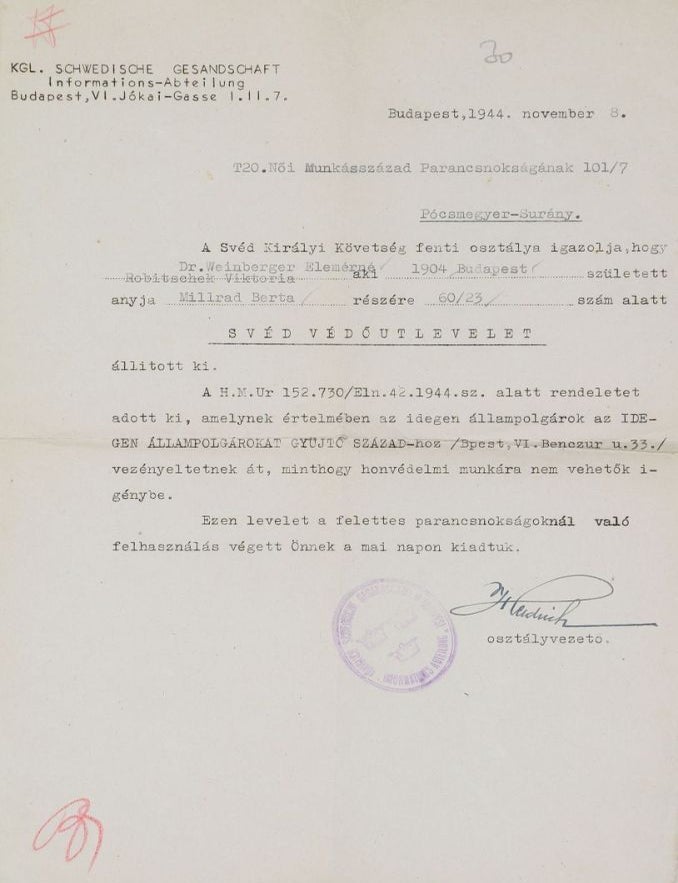 Item #3031 Schutz Pass signed by Wallenberg. Wallenberg Raoul.