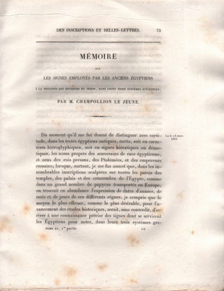 Mémoire sur les signes employés par les anciens Égyptiens á la notation des divisions du temps, dans leurs trois systèmes d’écriture. (In: Mémoires de L’Institute Royal de France. Académie des Inscriptions et Belles-Lettres. Tome Quinzième. Première Partie.)