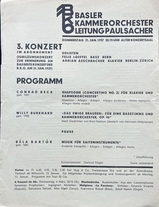 Item #3111 Original program for the premier of Musik für Saiteninstrumente, Schlagzeug und...