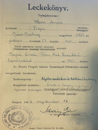 A university certificate issued to a Jewish girl stating that she cannot continue her studies due. Anna Stern.