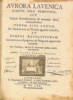 Item #3721 Aurora Lavenica, Reditus Solis Praenuntia, Seu Tabulae Revolutionum & motuum...