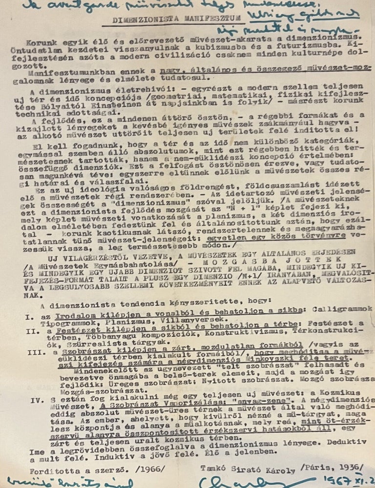 Item #3899 Dimenzionista manifesztum (Manifeste Dimensioniste) Typed and signed by Charles Sirato. Francis Picabia Hans Arp, Charles Sirato, Marcel Duchamp, Robert Delaunay, Vaszilij Kandinszkij.