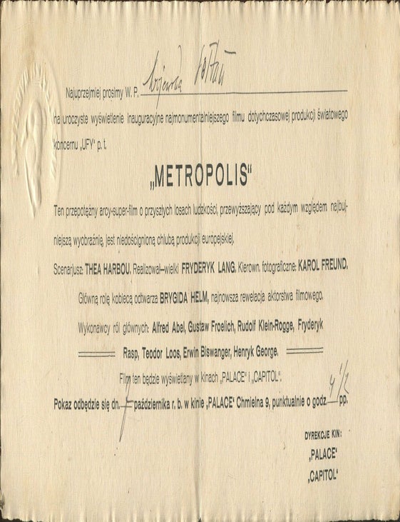 Item #3915 Invitation to the Polish premier of the film "Metropolis" directed by Fritz Lang. Lang Fritz.