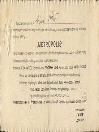 Invitation to the Polish premier of the film "Metropolis" directed by Fritz Lang