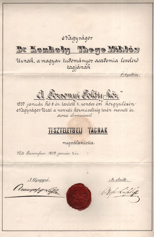 Item #398 Miklós Konkoly-Thege’s Appointing Document as Honorary Member of the in Pozsonyi Toldy-kör (Toldy-Circle, Bratislava). Miklós Konkoly-Thege.