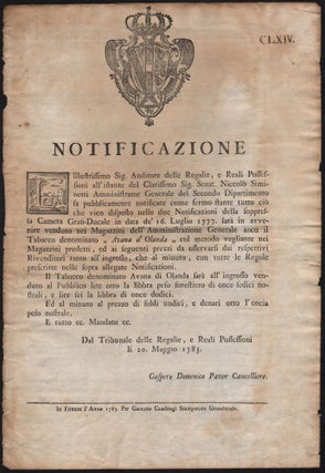 Item #497 [Tobacco.] Notificazione. Gaspero Domenico Paver