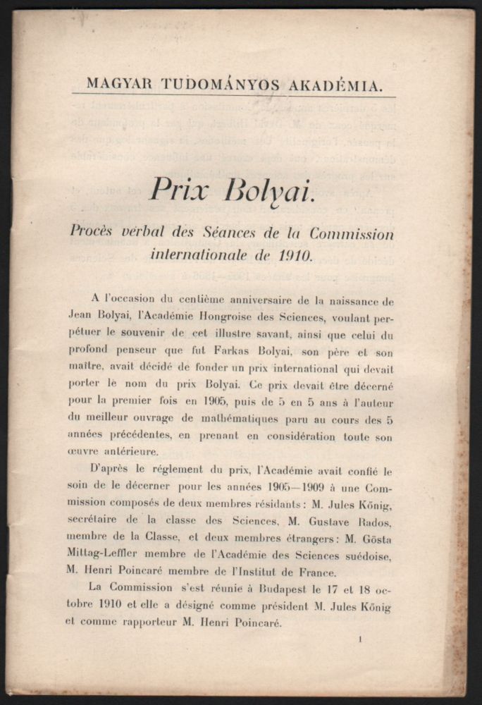 Item #50 Prix Bolyai. Procès verbal des Séances de la Commission internationale de 1910. Henri Poincaré.