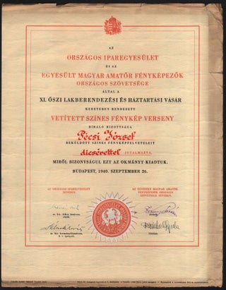 Item #500 József Pécsi’s Award for Diafilm Photography Contest, 1940. József Pécsi