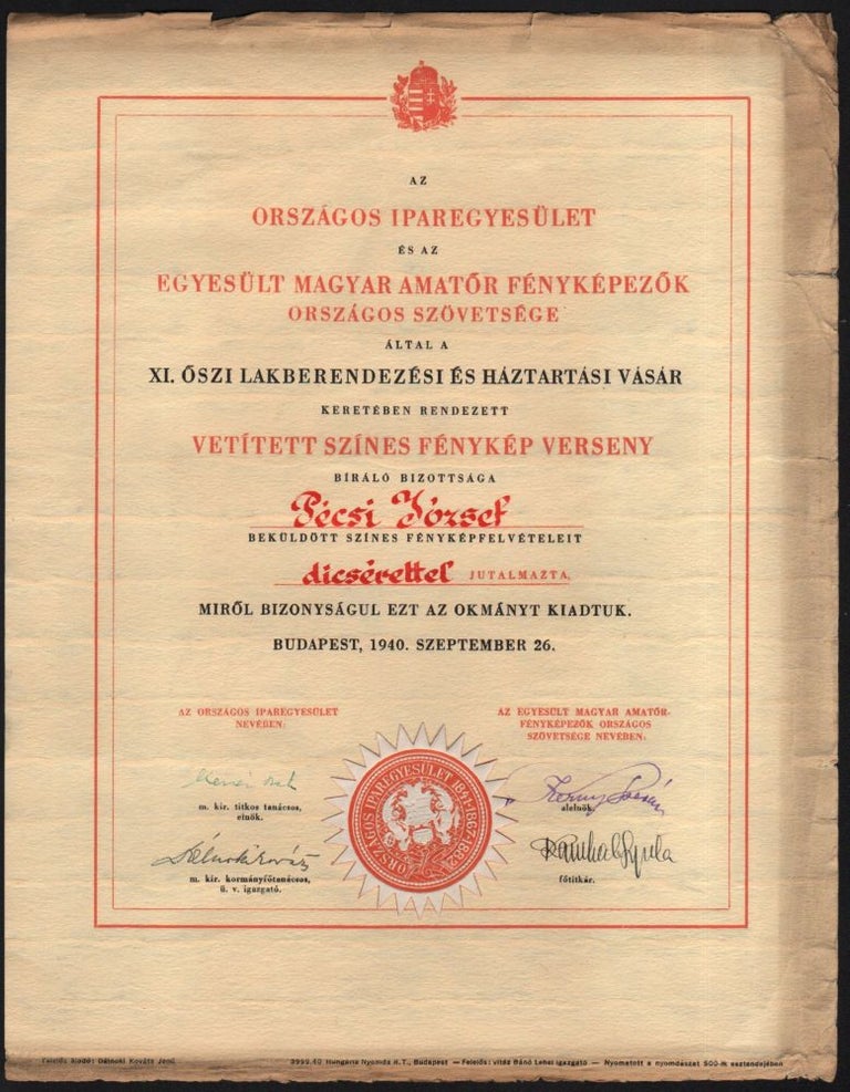 Item #500 József Pécsi’s Award for Diafilm Photography Contest, 1940. József Pécsi.