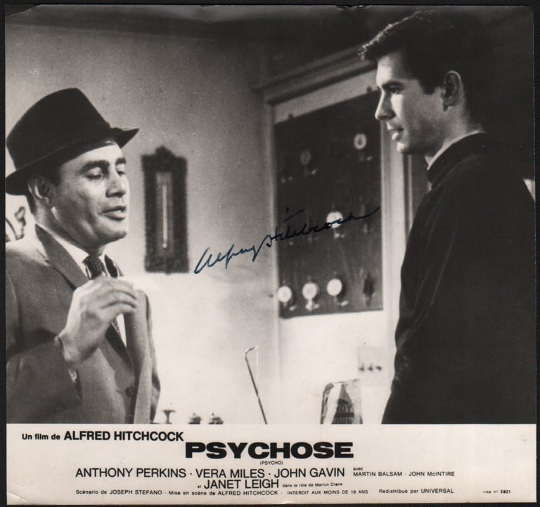 Item #505 Signed still from “Psycho”. Alfred Hitchcock.