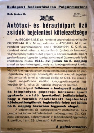 Item #542 Autótaxi- és bérautóipart üzö zsidók bejelentési kötelezettsége. / Autótaxi-...