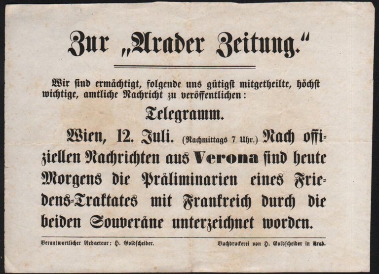 Item #553 Armistice of Villafranca, July 12, 1859. (Telegramm zur “Arader Zeitung”.)
