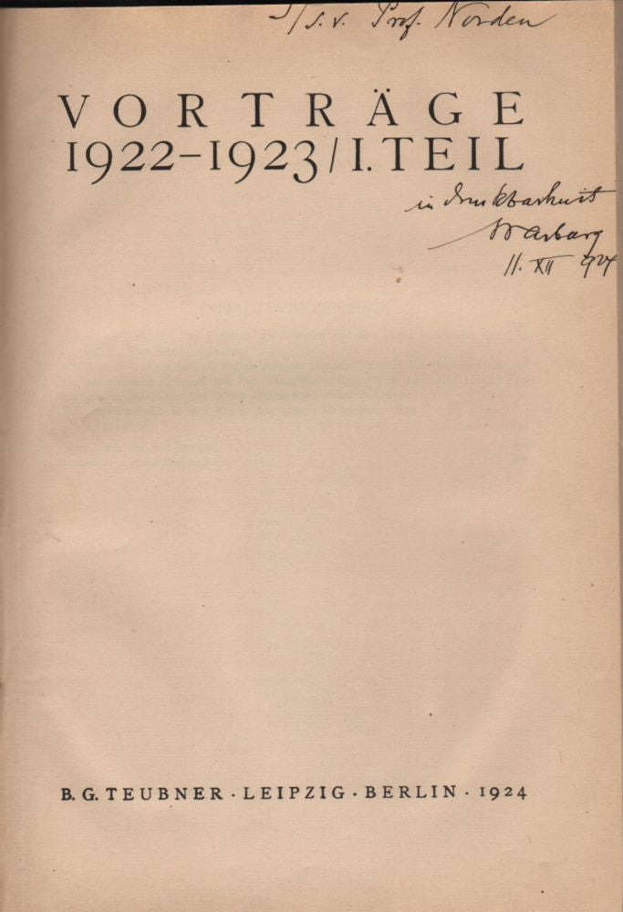 Item #621 (Vorträge der Bibliothek Warburg. I–II. Herausgegeben von Fritz Saxl.) Vorträge 1921–1922; 1922–1923 / I. Teil. Aby Warburg, Fritz Saxl.