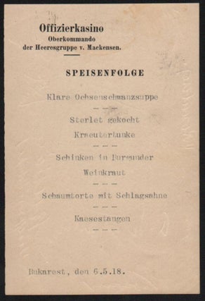 Signed Menu Card from the Peace Treaty Conference at Bucharest.