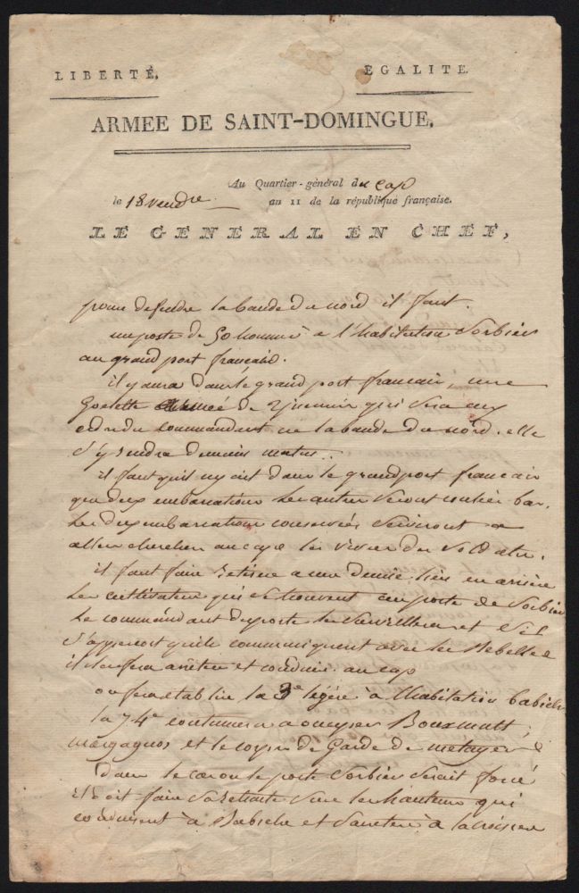Item #693 Genereal Leclerc’s Handwritten Letter, on October 10, 1802. Charles Leclerc.