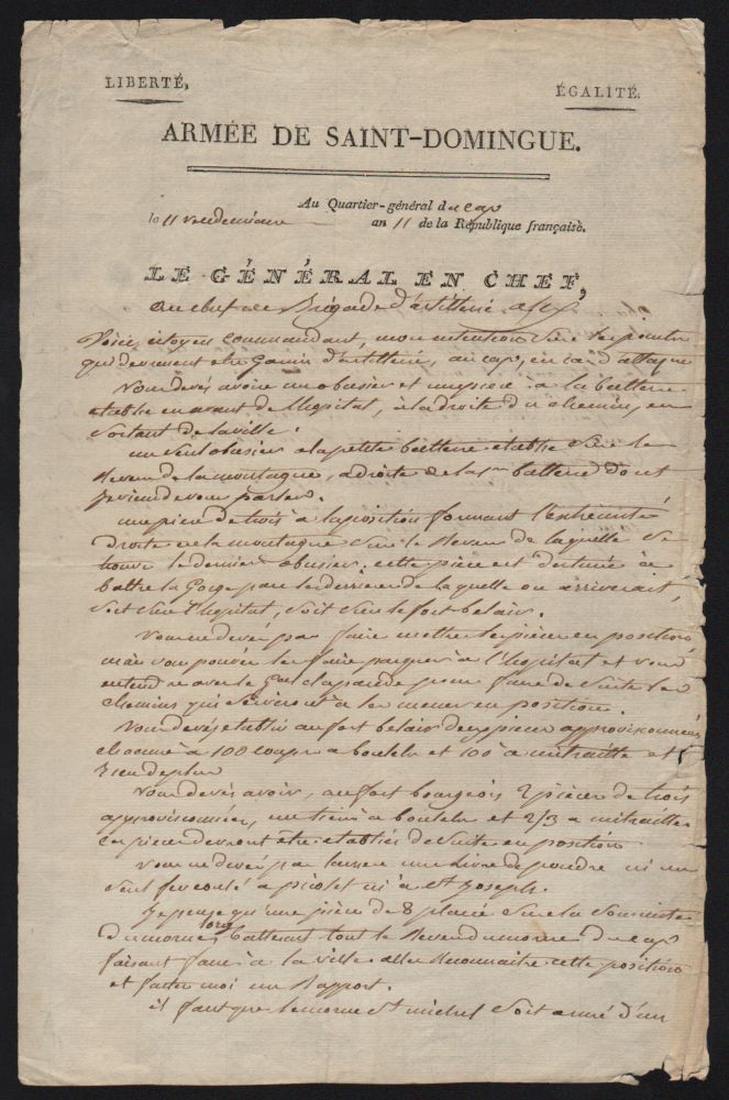 Item #694 Genereal Leclerc’s Handwritten Letter to Artillery Brigade Commander Alex, on October 3, 1802. Charles Leclerc.