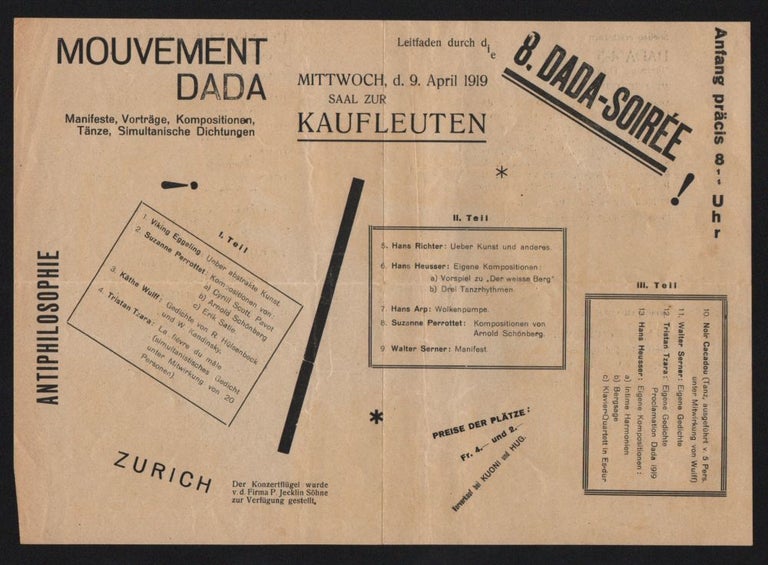 Item #701 8. Dada-Soirée. Mittwoch, d. 9. April 1919. Saal zur Kaufleuten. Mouvement Dada.