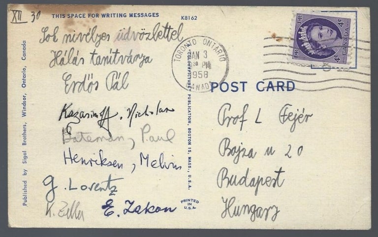 Item #707 Paul Erdös’ Holograph Postcard to Leopold Fejér. / Paul Erdős’ Holograph Postcard to Leopold Fejér. Erdős Paul, Erdös.