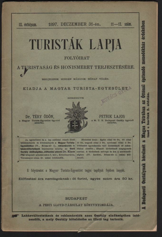 Item #93 Turisták lapja. Folyóirat a turistaság és honismeret terjesztésére. 1897 dec. 31. (11-12.) [Journal for Tourists.]. Sándor Ferenczi.